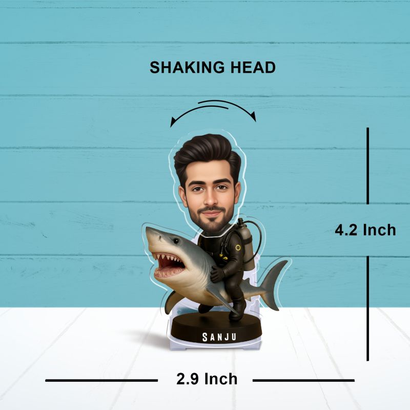 Personalized Bobblehead Caricature with Shark Rider Design, Solar Powered with Shaking Head for Car Dashboard Figurine Funny Car Decor